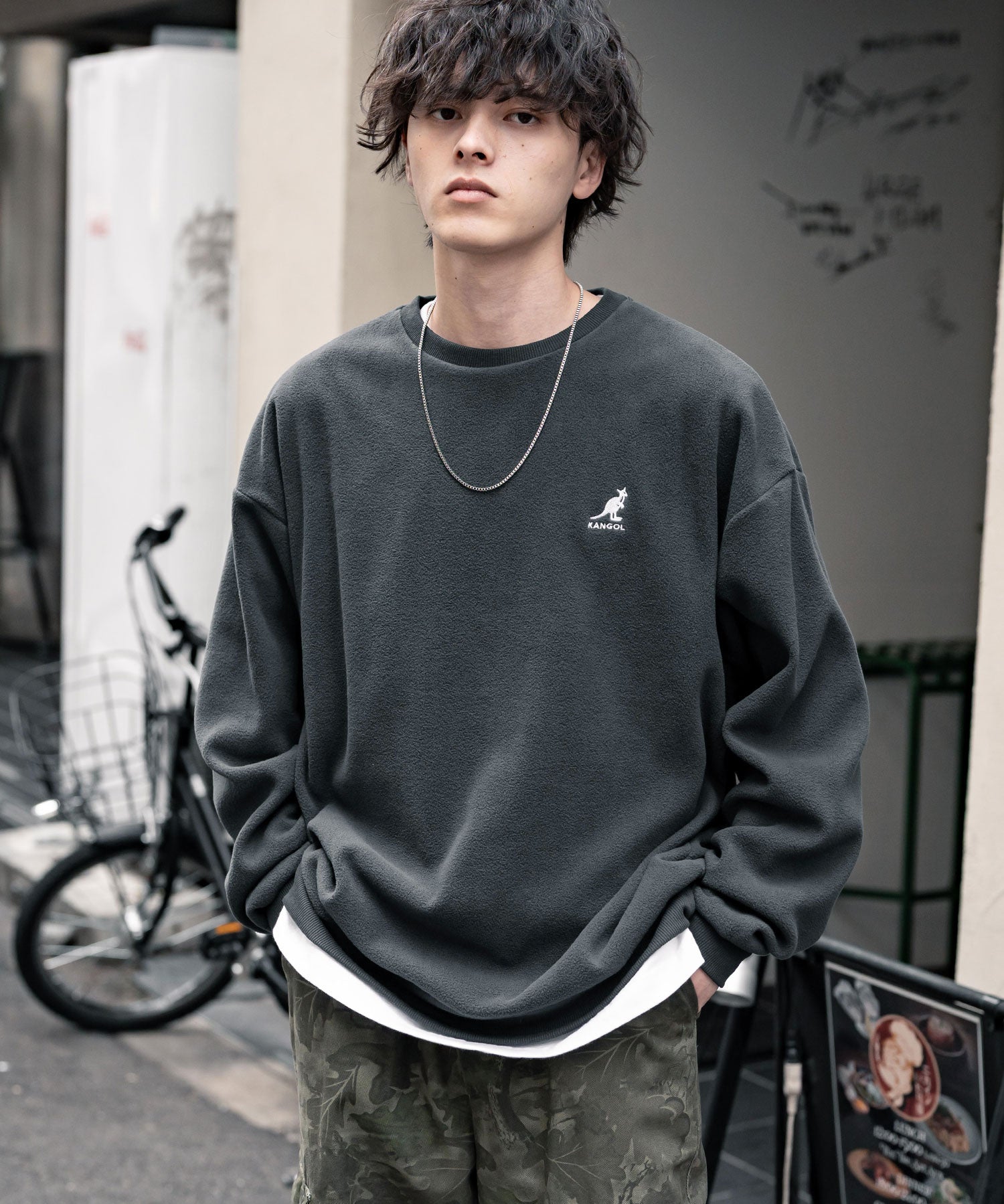 KANGOL 別注コラボ オーバーサイズロゴ刺繍裏起毛マイクロフリースプルオーバートレーナー 14626