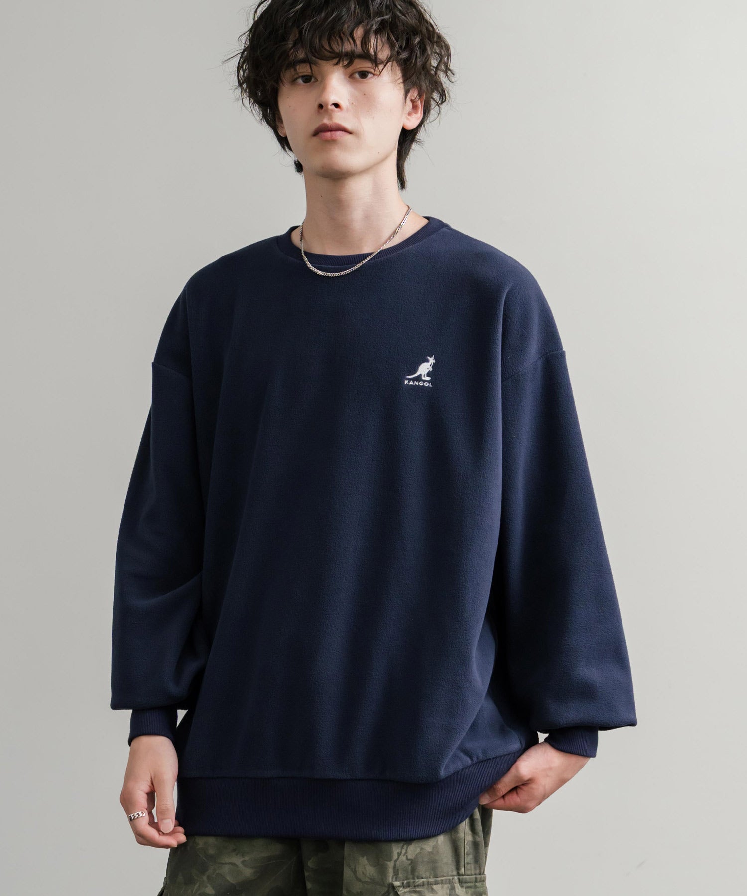 KANGOL 別注コラボ オーバーサイズロゴ刺繍裏起毛マイクロフリースプルオーバートレーナー 14626