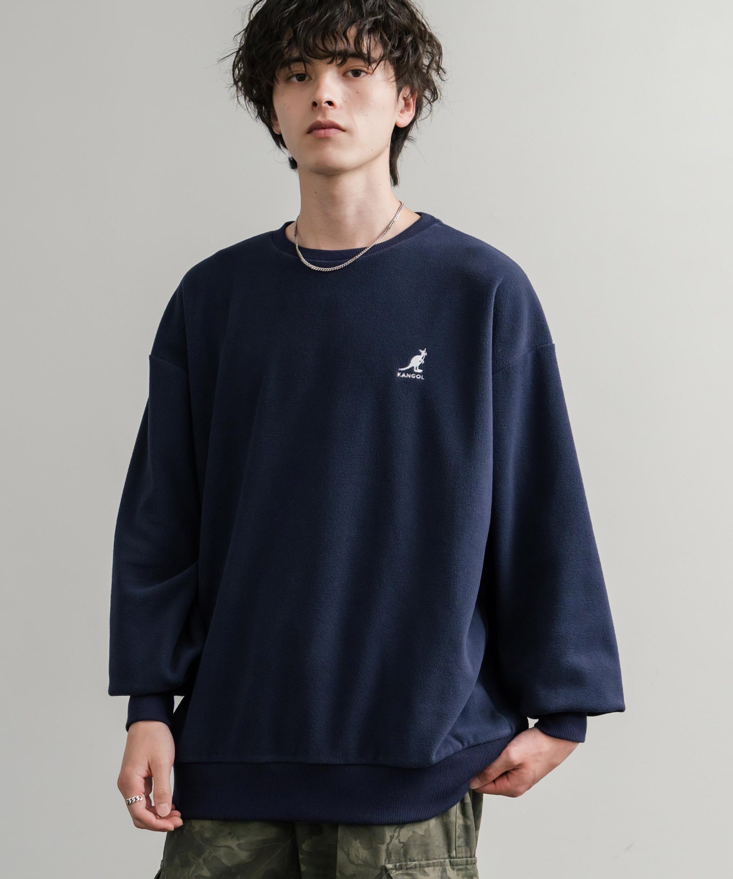 KANGOL 別注コラボ オーバーサイズロゴ刺繍裏起毛マイクロフリースプルオーバートレーナー 14626