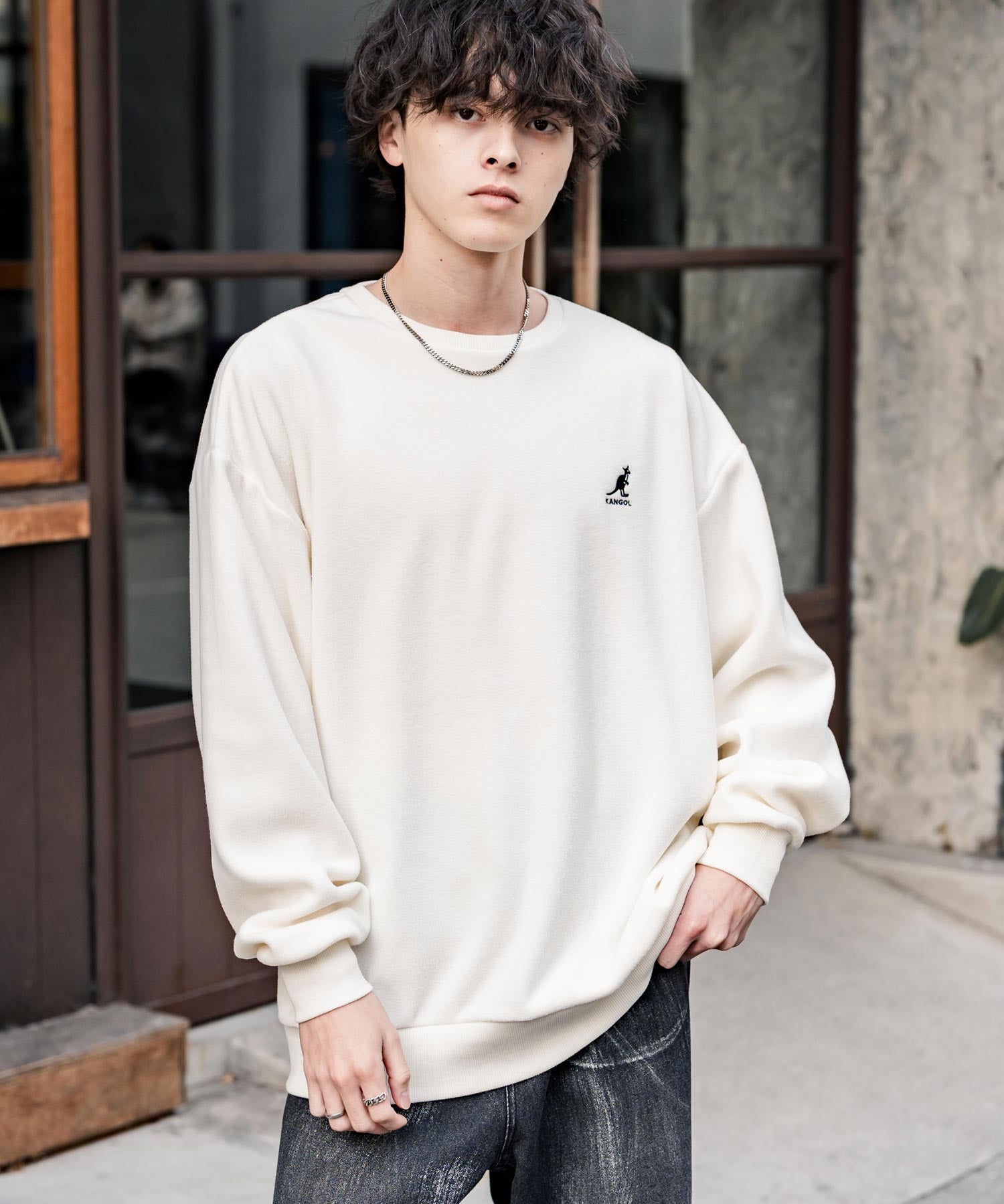 KANGOL 別注コラボ オーバーサイズロゴ刺繍裏起毛マイクロフリースプルオーバートレーナー 14626
