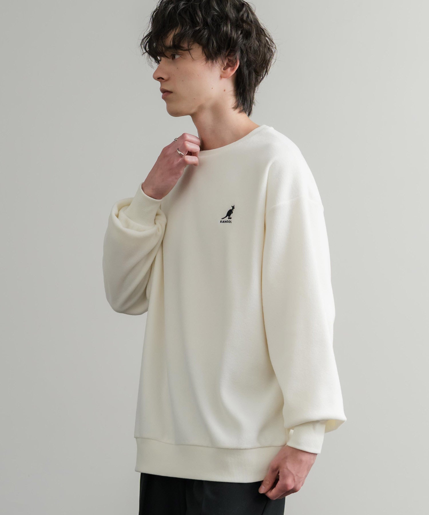 KANGOL 別注コラボ オーバーサイズロゴ刺繍裏起毛マイクロフリースプルオーバートレーナー 14626