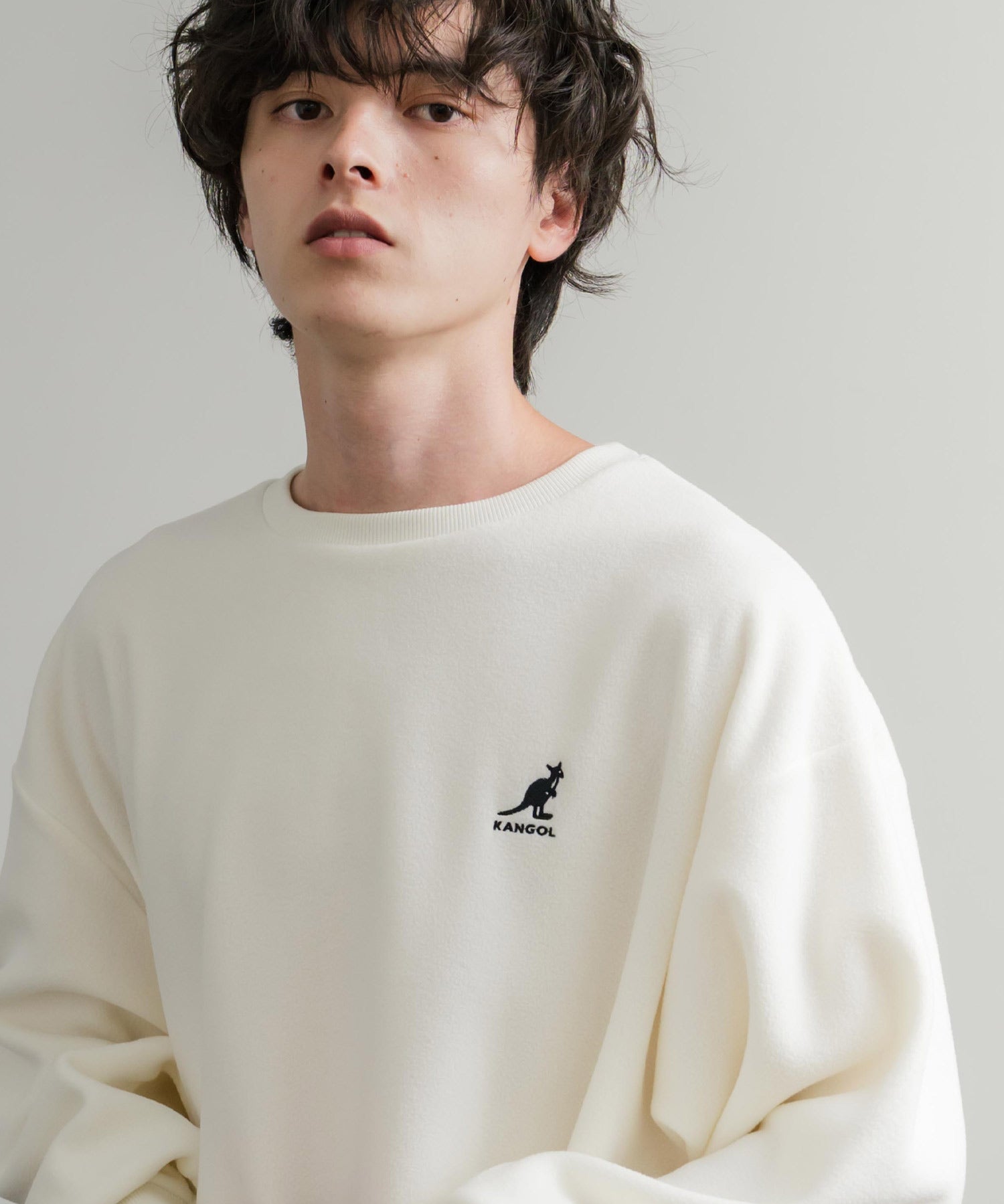 KANGOL 別注コラボ オーバーサイズロゴ刺繍裏起毛マイクロフリースプルオーバートレーナー 14626