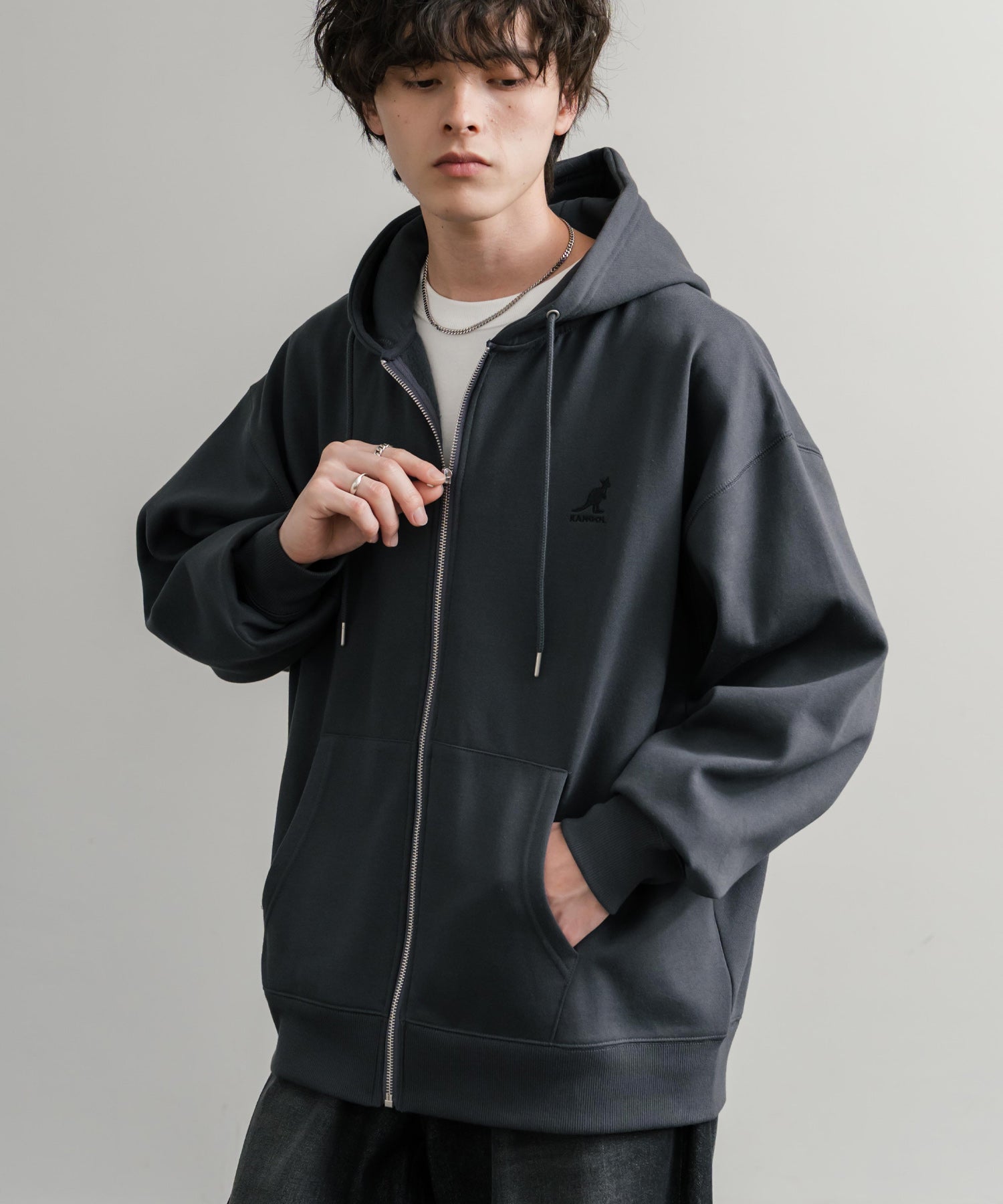 KANGOL カンゴール 別注コラボオーバーサイズ裏起毛ロゴ刺繍フルジップパーカー 14628