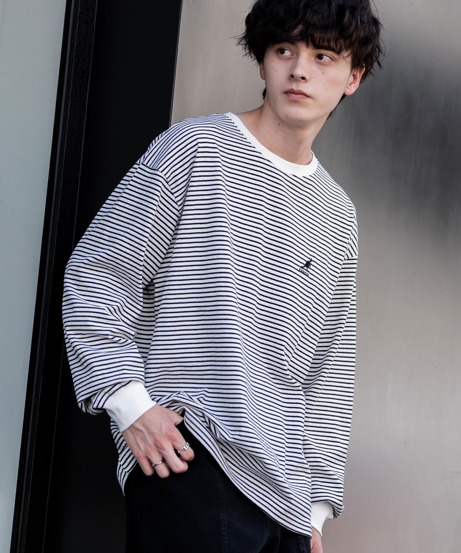 KANGOL カンゴール 別注コラボオーバーサイズワンポイントロゴ刺繍長袖Tシャツ 14630