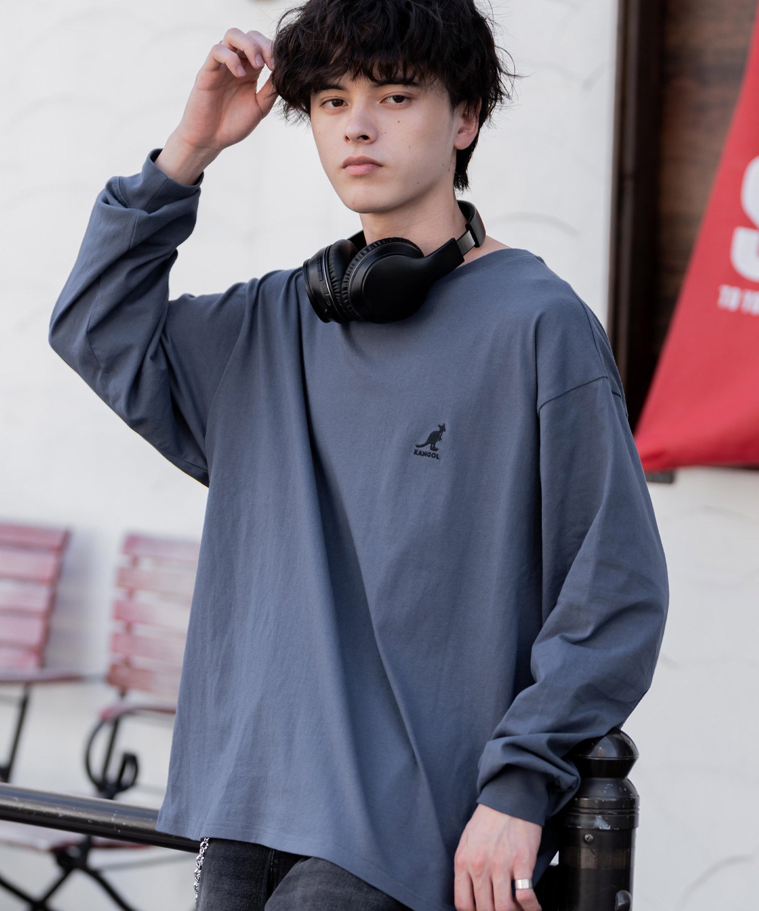 KANGOL カンゴール 別注コラボオーバーサイズワンポイントロゴ刺繍長袖Tシャツ 14630