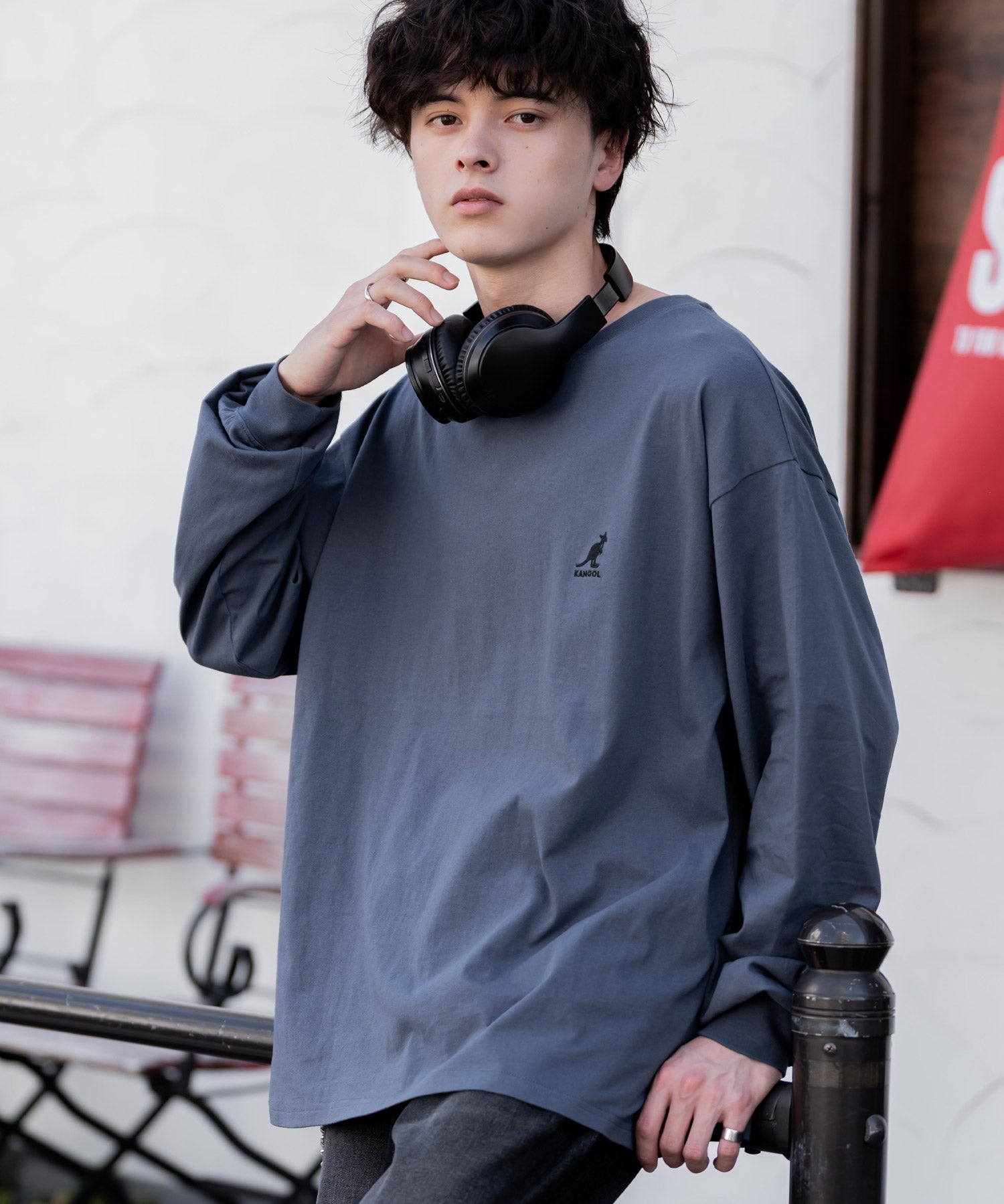 KANGOL カンゴール 別注コラボオーバーサイズワンポイントロゴ刺繍長袖Tシャツ 14630