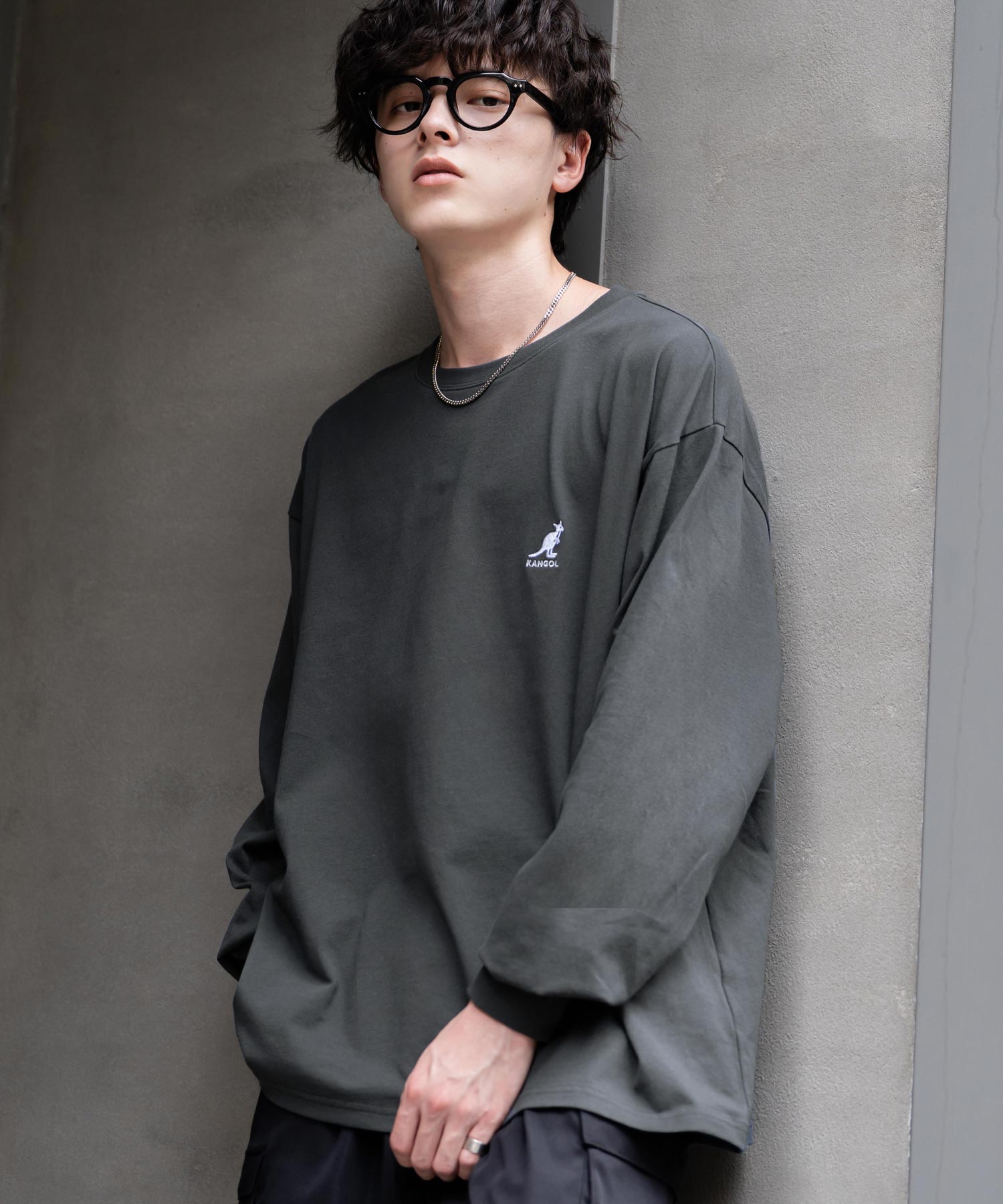KANGOL カンゴール 別注コラボオーバーサイズワンポイントロゴ刺繍長袖Tシャツ 14630
