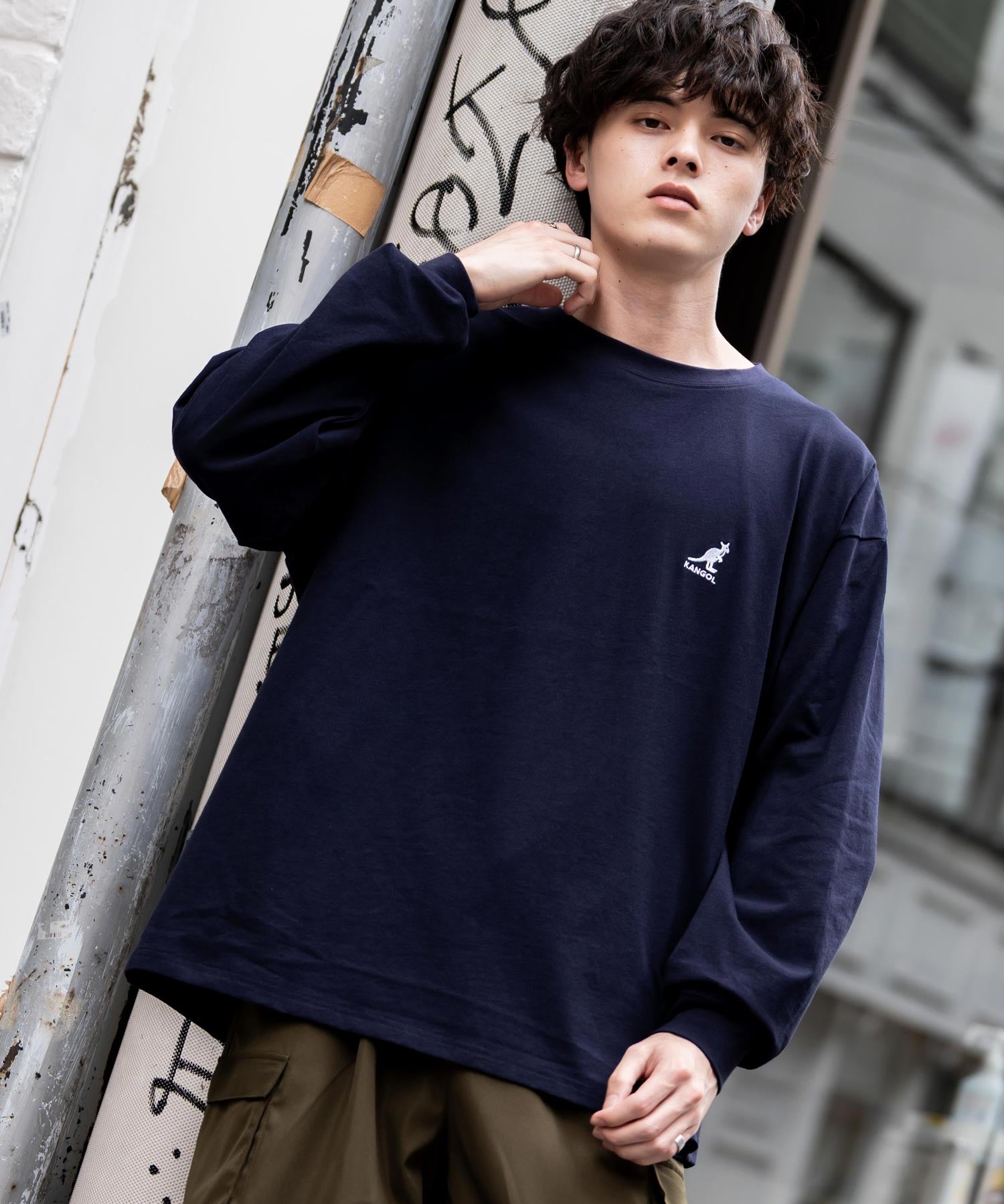 KANGOL カンゴール 別注コラボオーバーサイズワンポイントロゴ刺繍長袖Tシャツ 14630