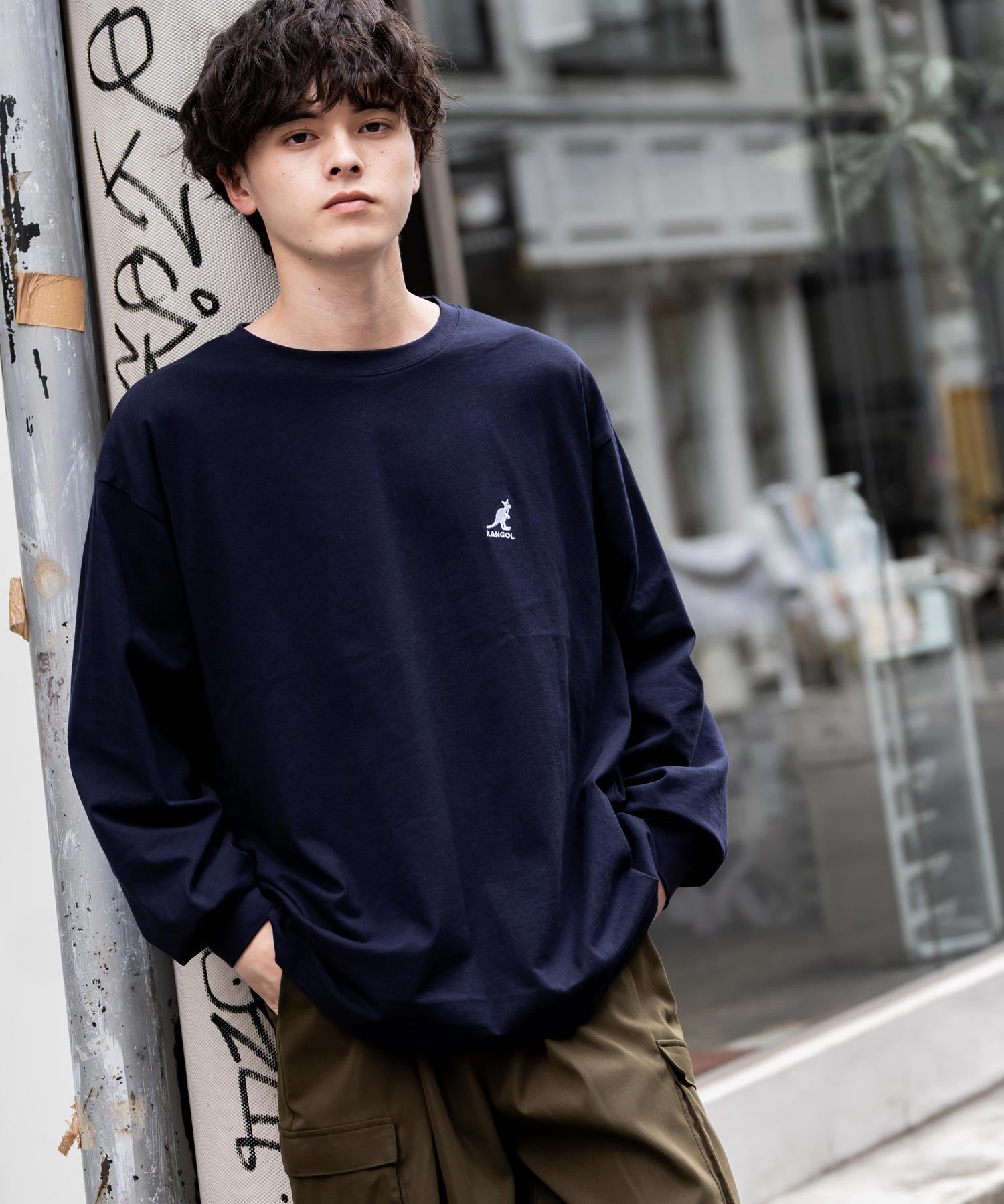 KANGOL カンゴール 別注コラボオーバーサイズワンポイントロゴ刺繍長袖Tシャツ 14630