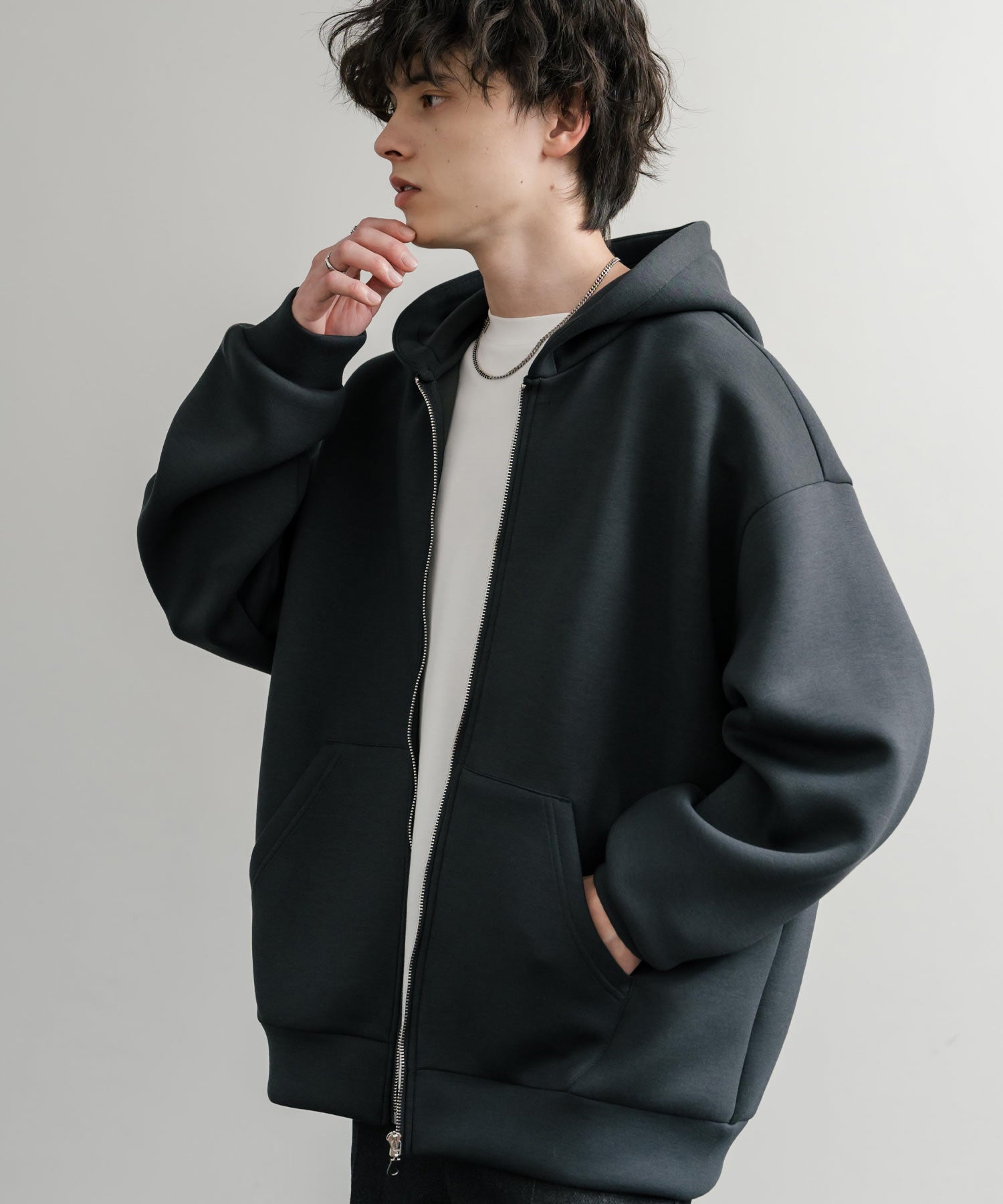 ルーズシルエットペールトーンダンボールニットフルジップパーカー