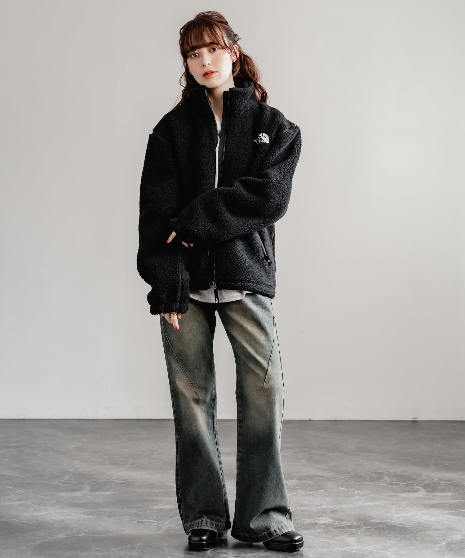 日本未展開モデル THE NORTH FACE ザ・ノースフェイス WHITE LABEL ホワイトレーベル 韓国限定 SHERPA FLEECE JACKET1 オーバーサイズワンポイントロゴ刺繍ボアジャケット 14659