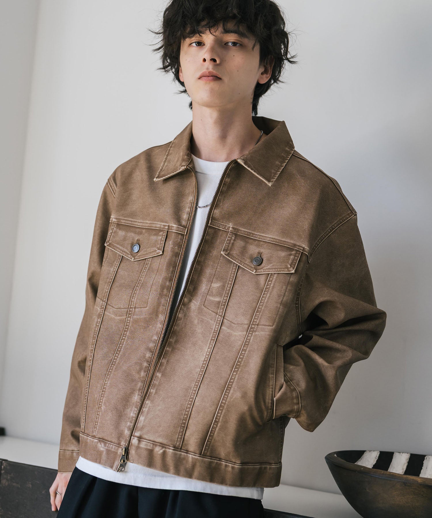 ヴィンテージ加工PUレザーダブルジップショートジャケット/3rdタイプ