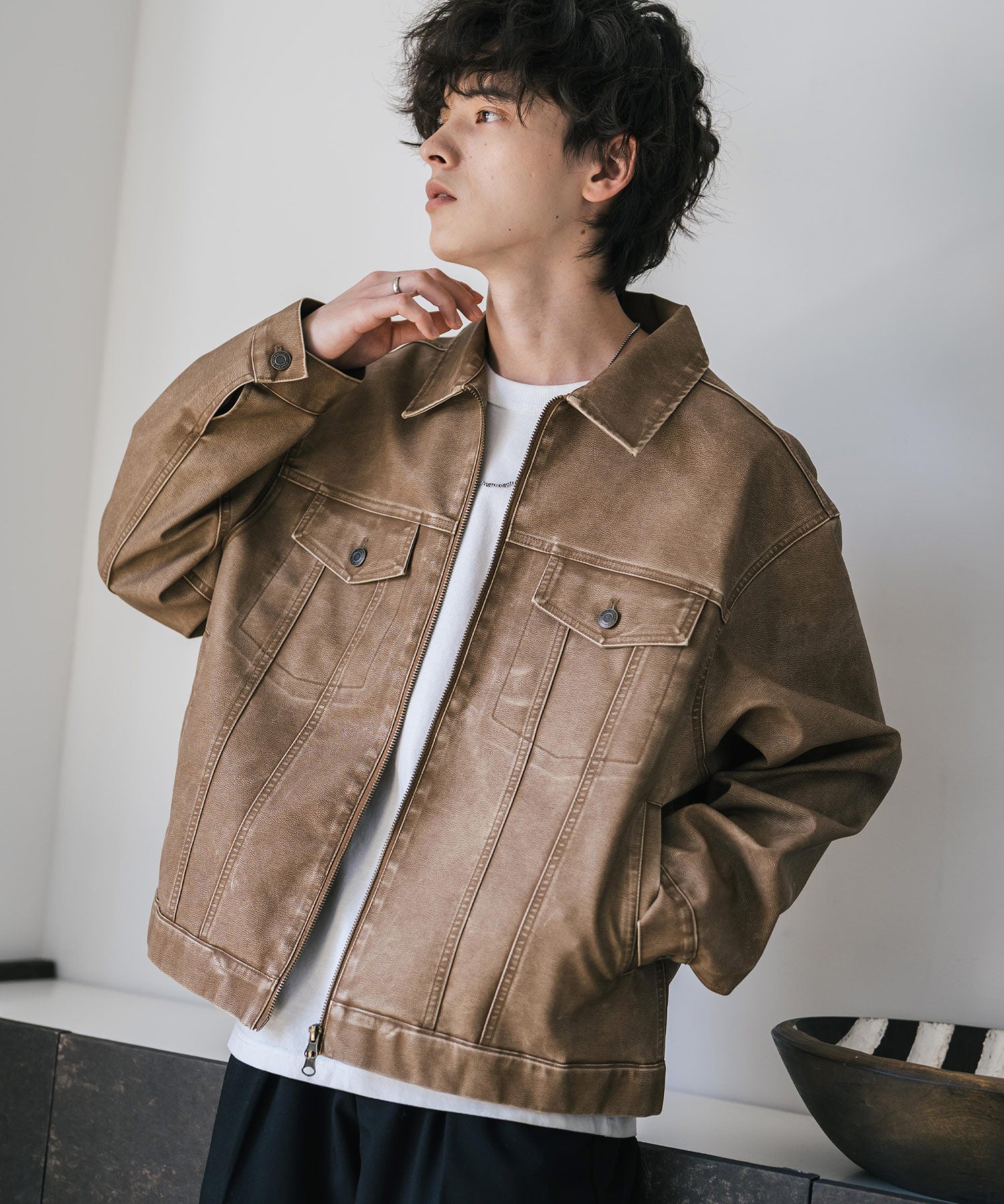 ヴィンテージ加工PUレザーダブルジップショートジャケット/3rdタイプ