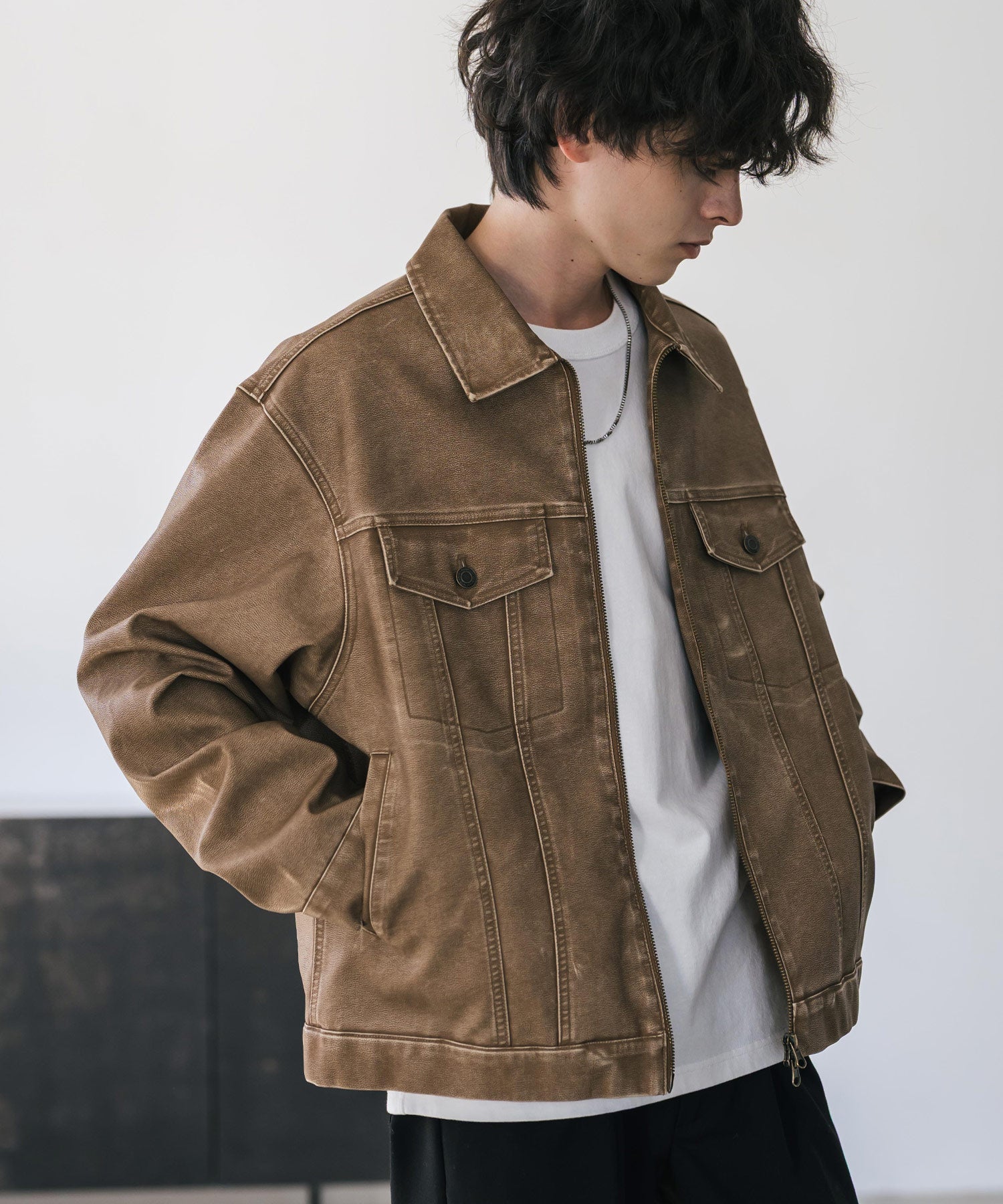 ヴィンテージ加工PUレザーダブルジップショートジャケット/3rdタイプ