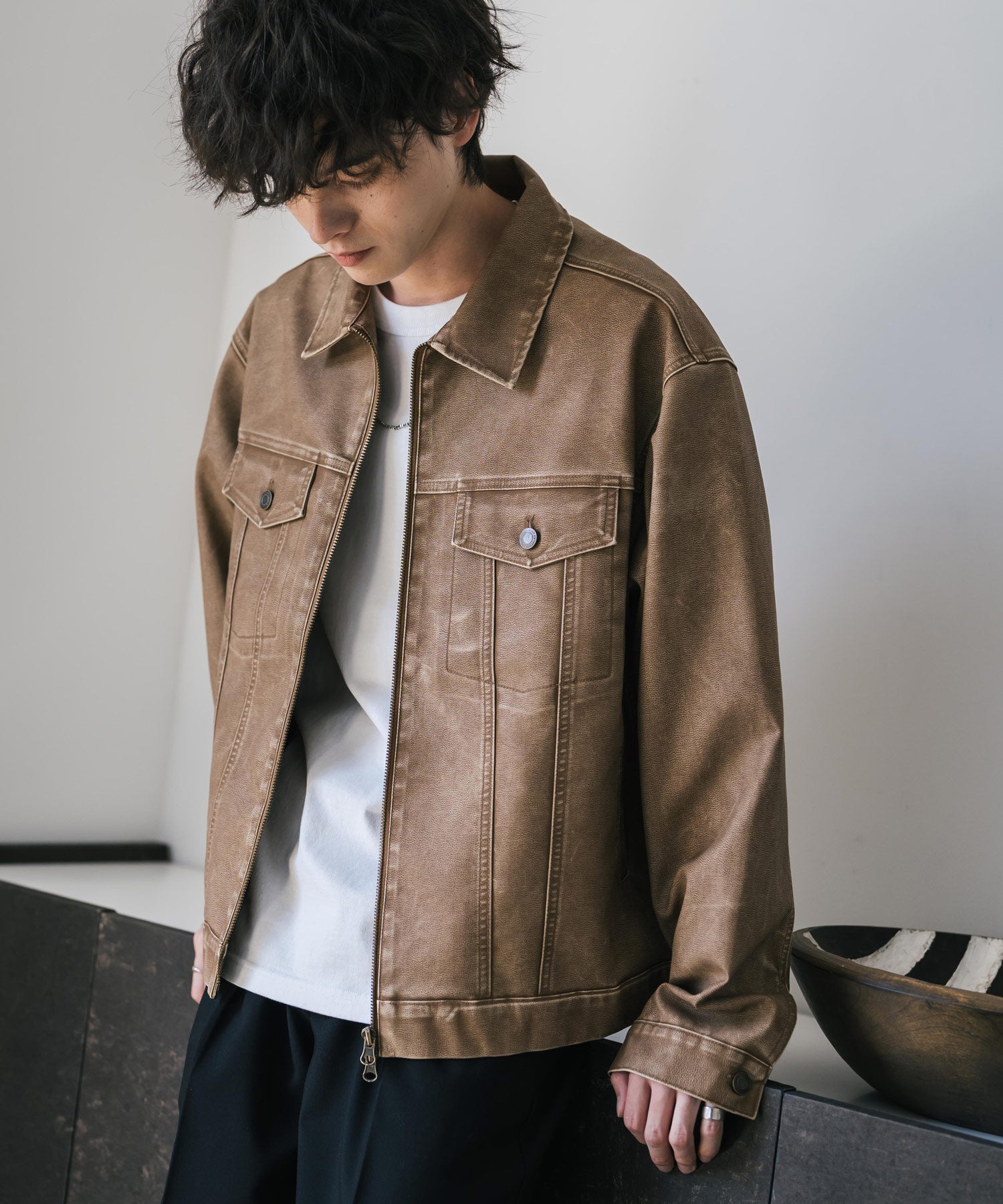 ヴィンテージ加工PUレザーダブルジップショートジャケット/3rdタイプ