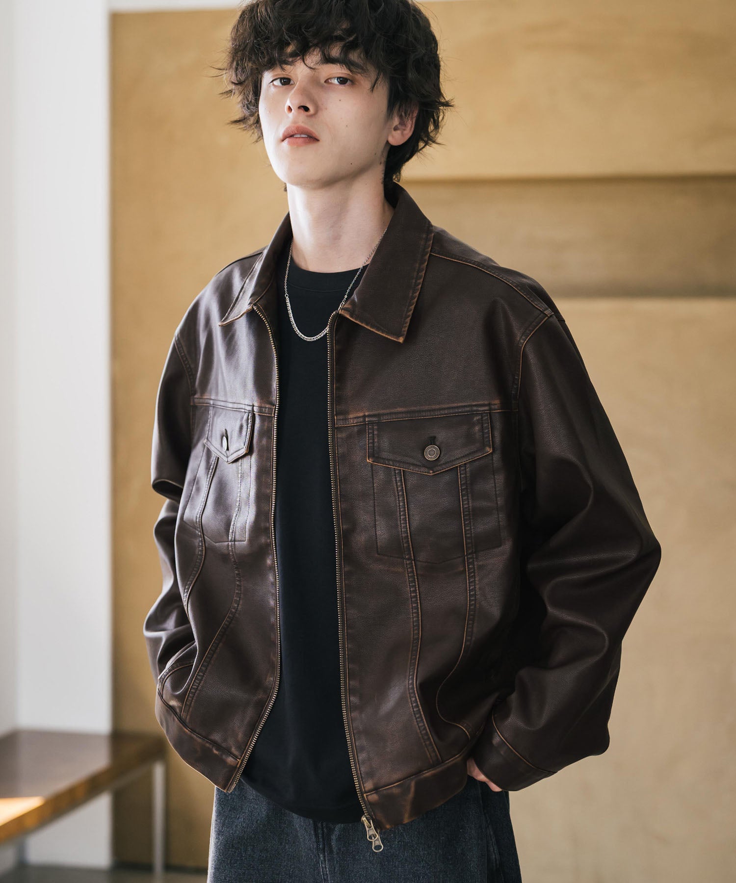 ヴィンテージ加工PUレザーダブルジップショートジャケット/3rdタイプ