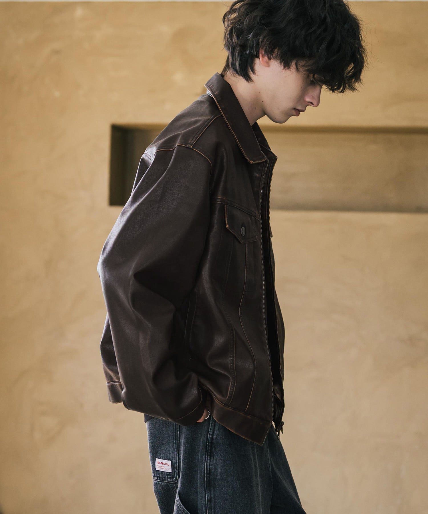 ヴィンテージ加工PUレザーダブルジップショートジャケット/3rdタイプ