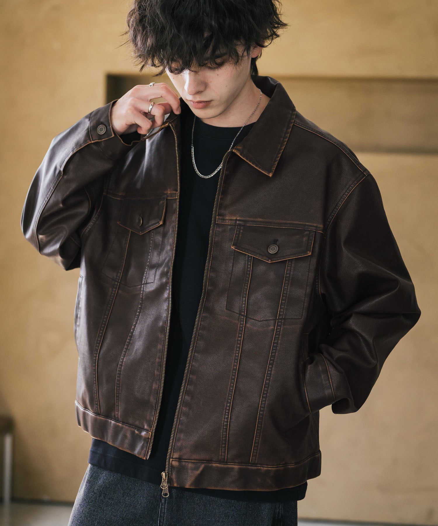 ヴィンテージ加工PUレザーダブルジップショートジャケット/3rdタイプ