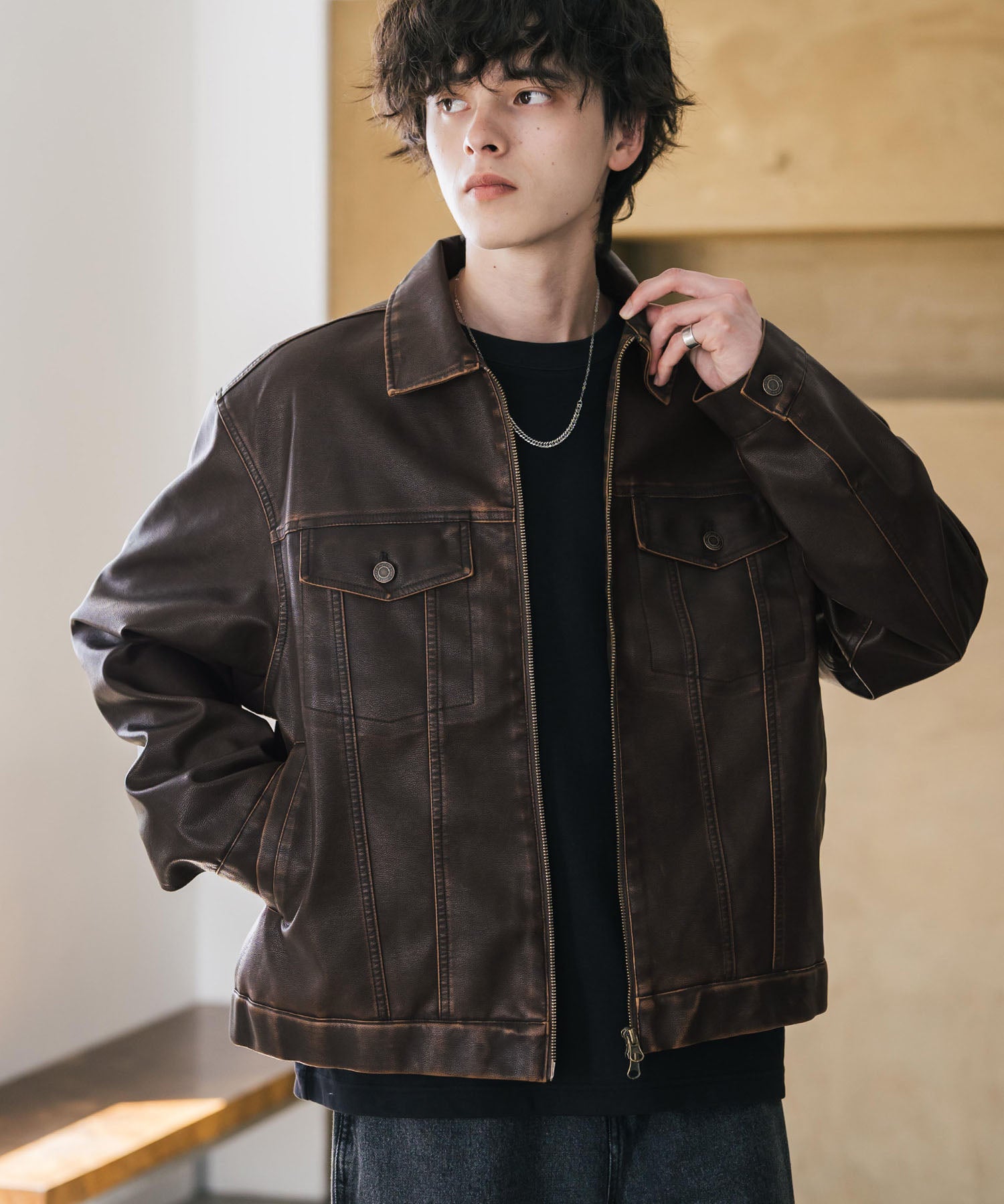 ヴィンテージ加工PUレザーダブルジップショートジャケット/3rdタイプ