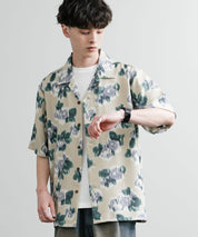 Upscape Audience アップスケープ オーディエンス 日本製 国産 オーバーサイズ 丹後ライトアムンゼン 梨地 カスリライクプリント半袖開襟シャツ AUD6607 14693