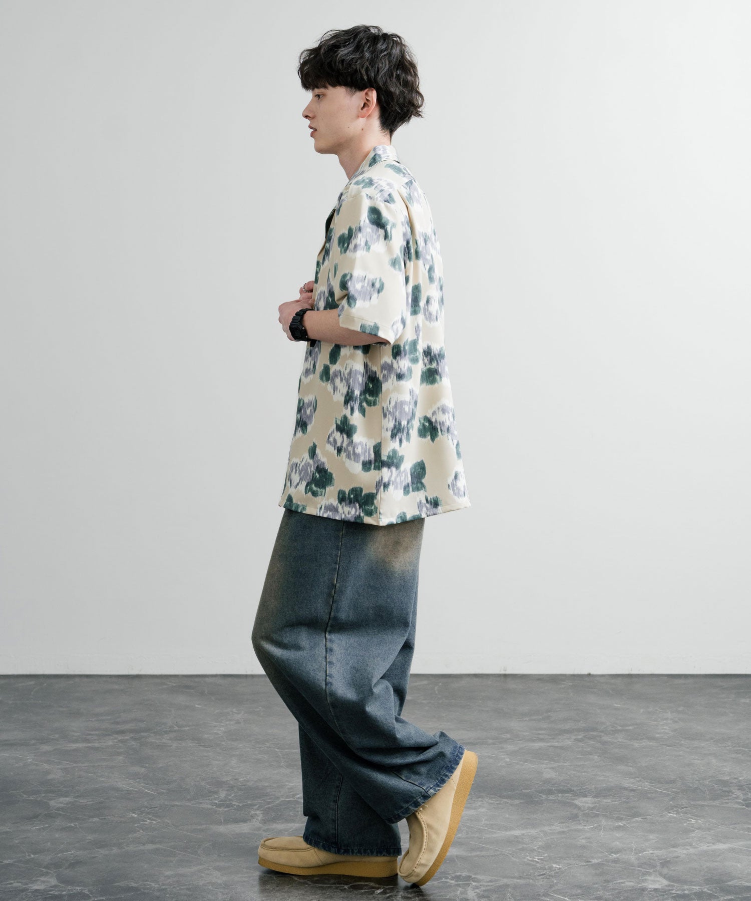 Upscape Audience アップスケープ オーディエンス 日本製 国産 オーバーサイズ 丹後ライトアムンゼン 梨地 カスリライクプリント半袖開襟シャツ AUD6607 14693