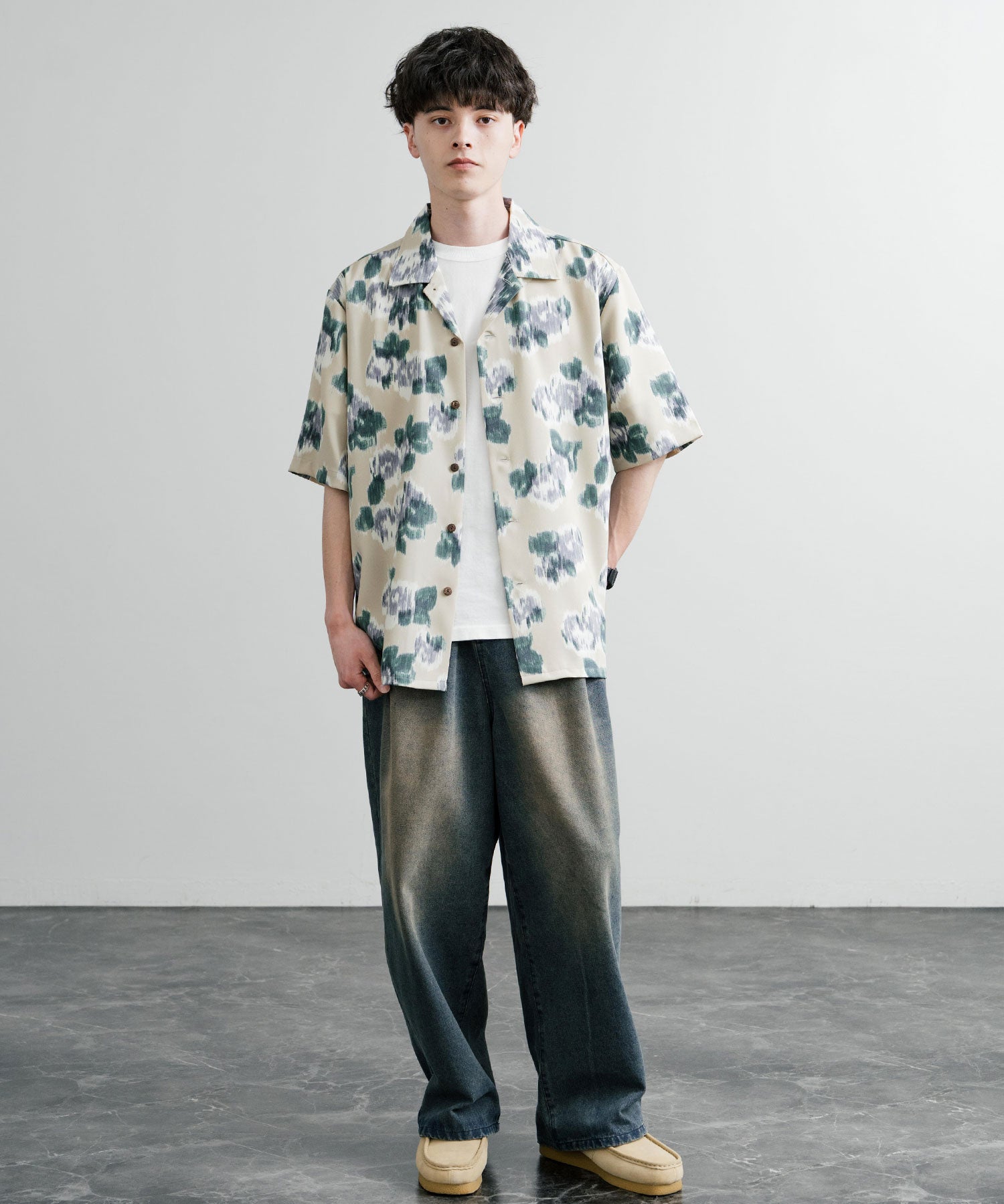 Upscape Audience アップスケープ オーディエンス 日本製 国産 オーバーサイズ 丹後ライトアムンゼン 梨地 カスリライクプリント半袖開襟シャツ AUD6607 14693