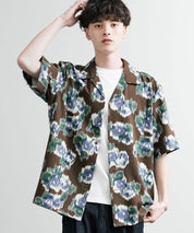 Upscape Audience アップスケープ オーディエンス 日本製 国産 オーバーサイズ 丹後ライトアムンゼン 梨地 カスリライクプリント半袖開襟シャツ AUD6607 14693