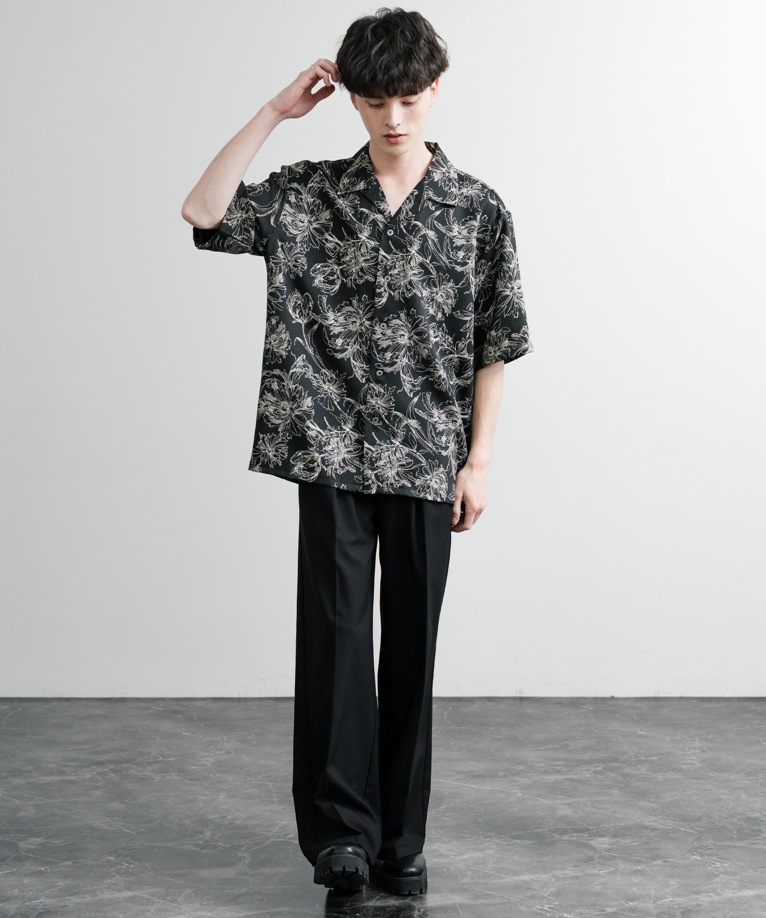 Upscape Audience アップスケープオーディエンス 日本製 国産 オーバーサイズ 丹後ライトアムンゼン 梨地 捺染マシンプリント半袖開襟シャツ AUD6608 14694