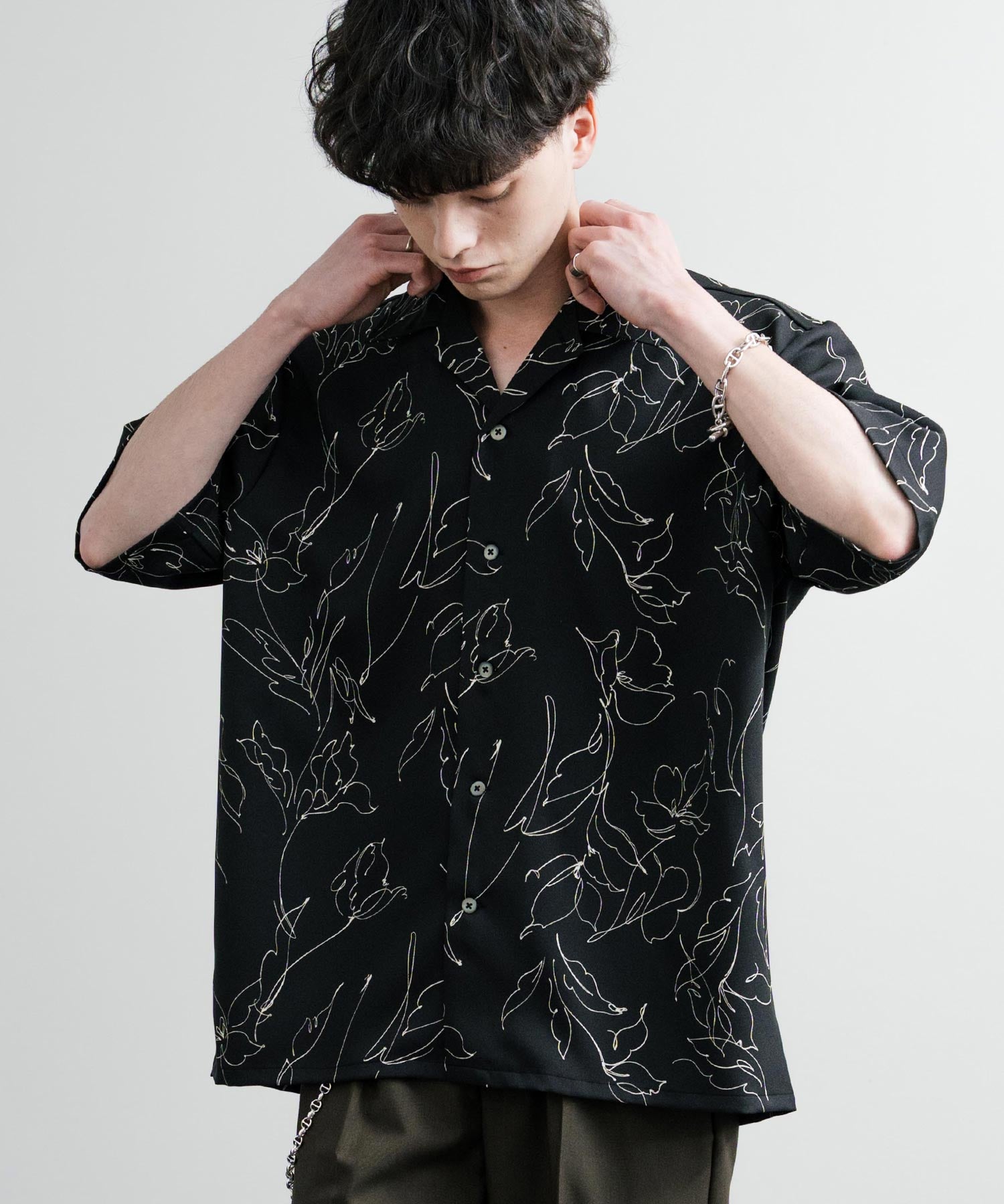 Upscape Audience アップスケープオーディエンス 日本製 国産 オーバーサイズ 丹後ライトアムンゼン 梨地 捺染マシンプリント半袖開襟シャツ AUD6608 14694