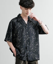 Upscape Audience アップスケープオーディエンス 日本製 国産 オーバーサイズ 丹後ライトアムンゼン 梨地 捺染マシンプリント半袖開襟シャツ AUD6608 14694