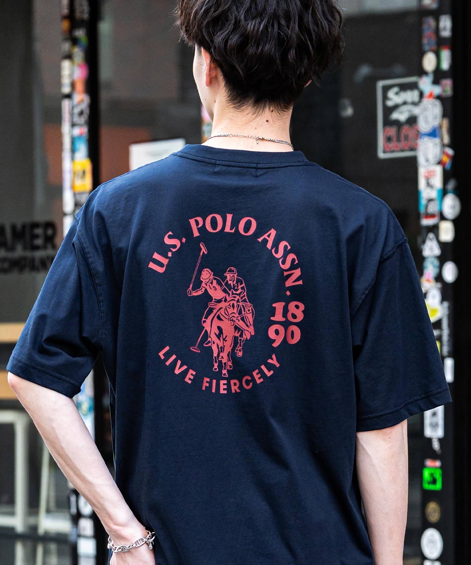 U.S.POLO ASSN. ユーエスポロアッスン バックプリント/無地/ボーダー オーバーサイズクルーショートスリーブTシャツ