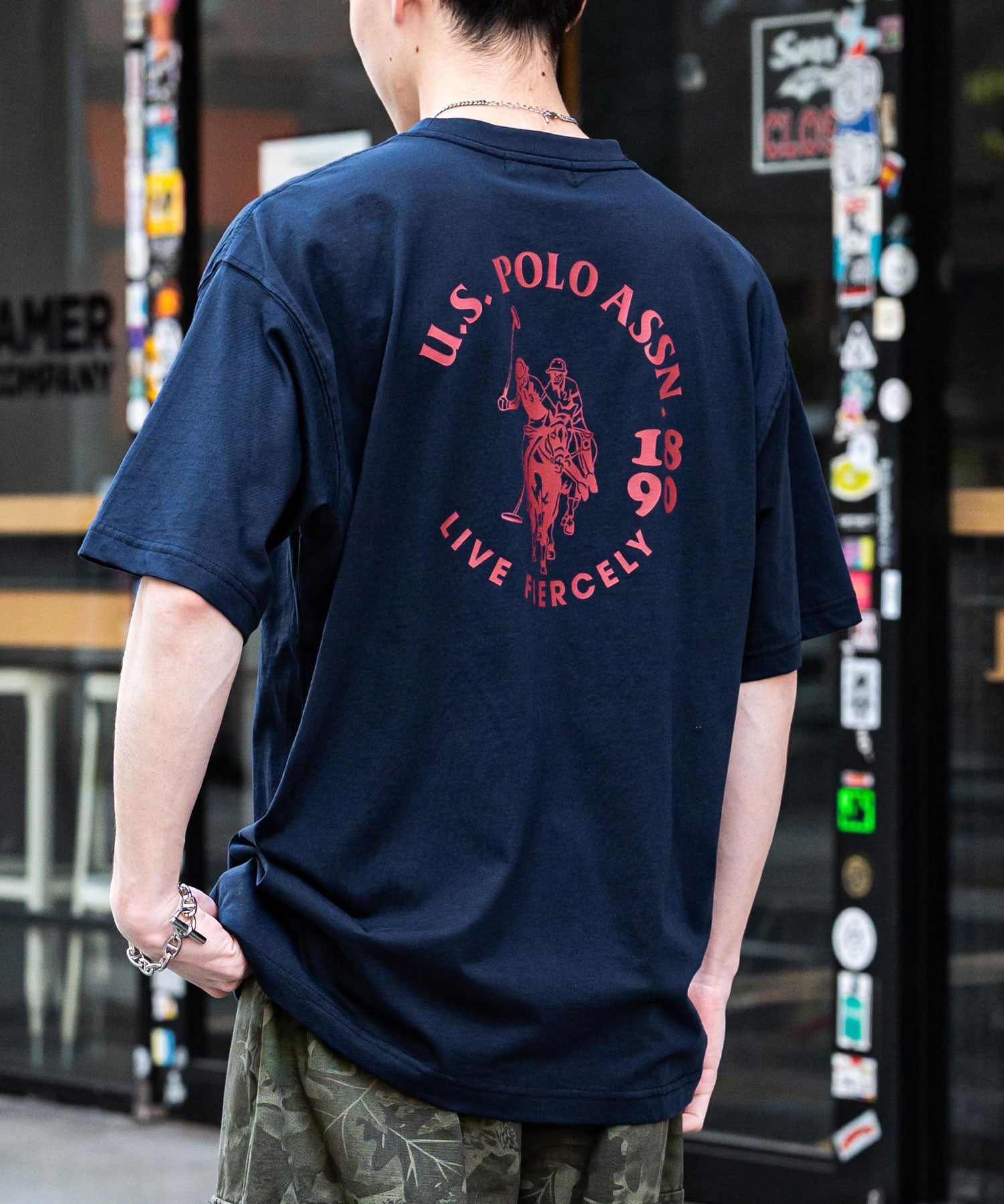 U.S.POLO ASSN. ユーエスポロアッスン バックプリント/無地/ボーダー オーバーサイズクルーショートスリーブTシャツ