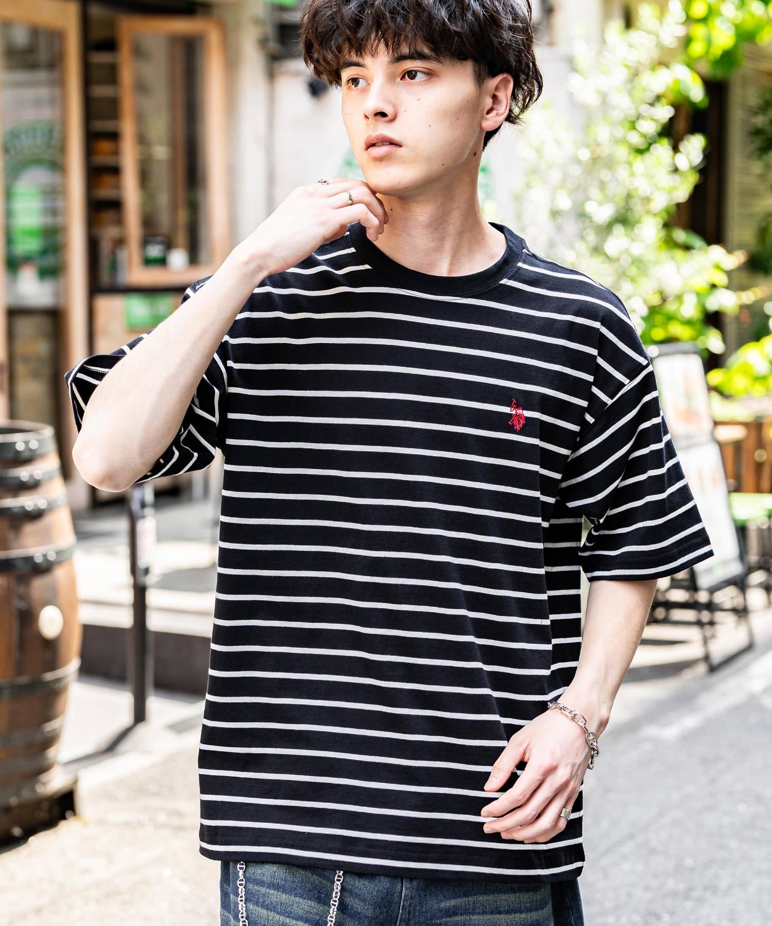U.S.POLO ASSN. ユーエスポロアッスン バックプリント/無地/ボーダー オーバーサイズクルーショートスリーブTシャツ