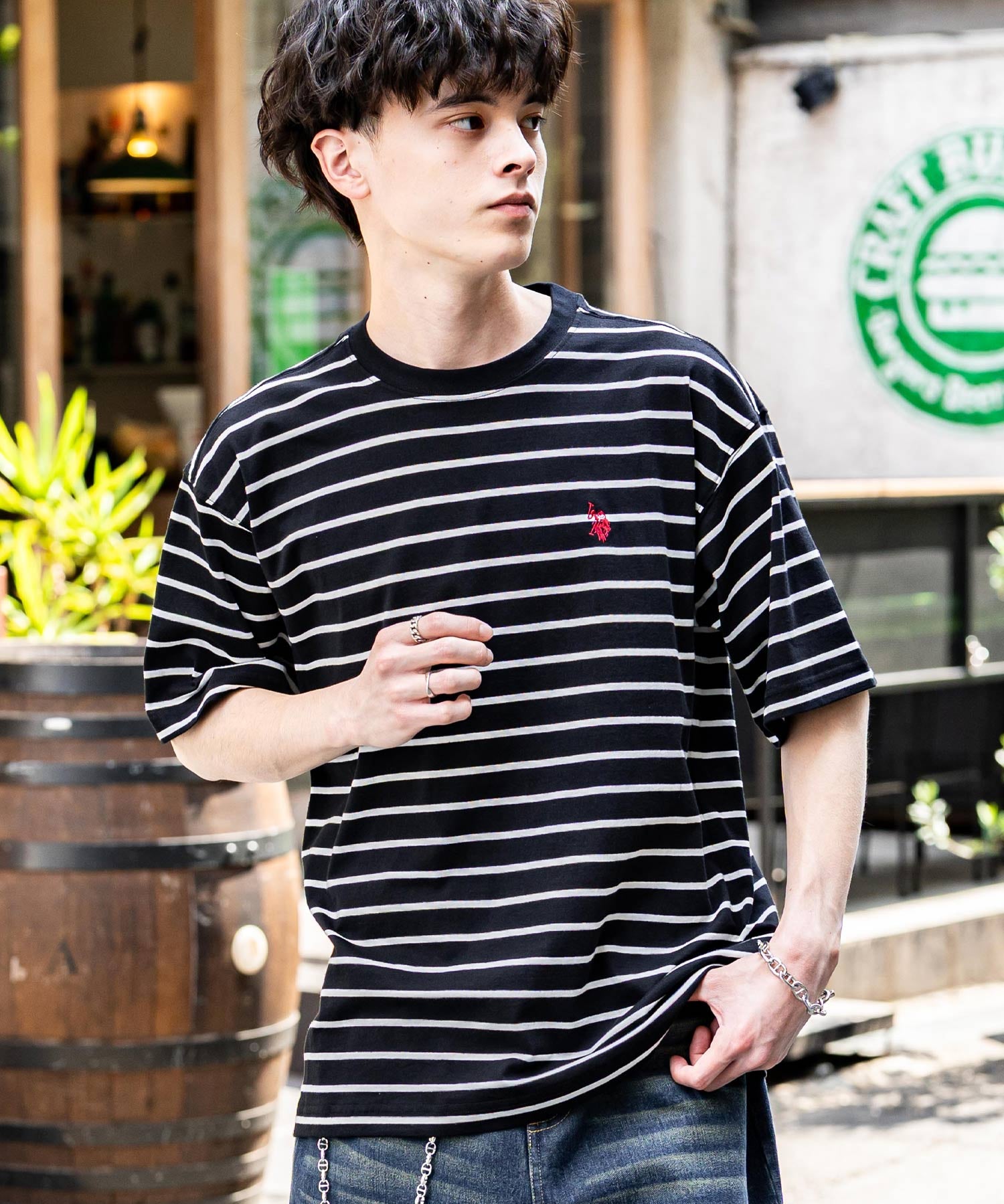 U.S.POLO ASSN. ユーエスポロアッスン バックプリント/無地/ボーダー オーバーサイズクルーショートスリーブTシャツ