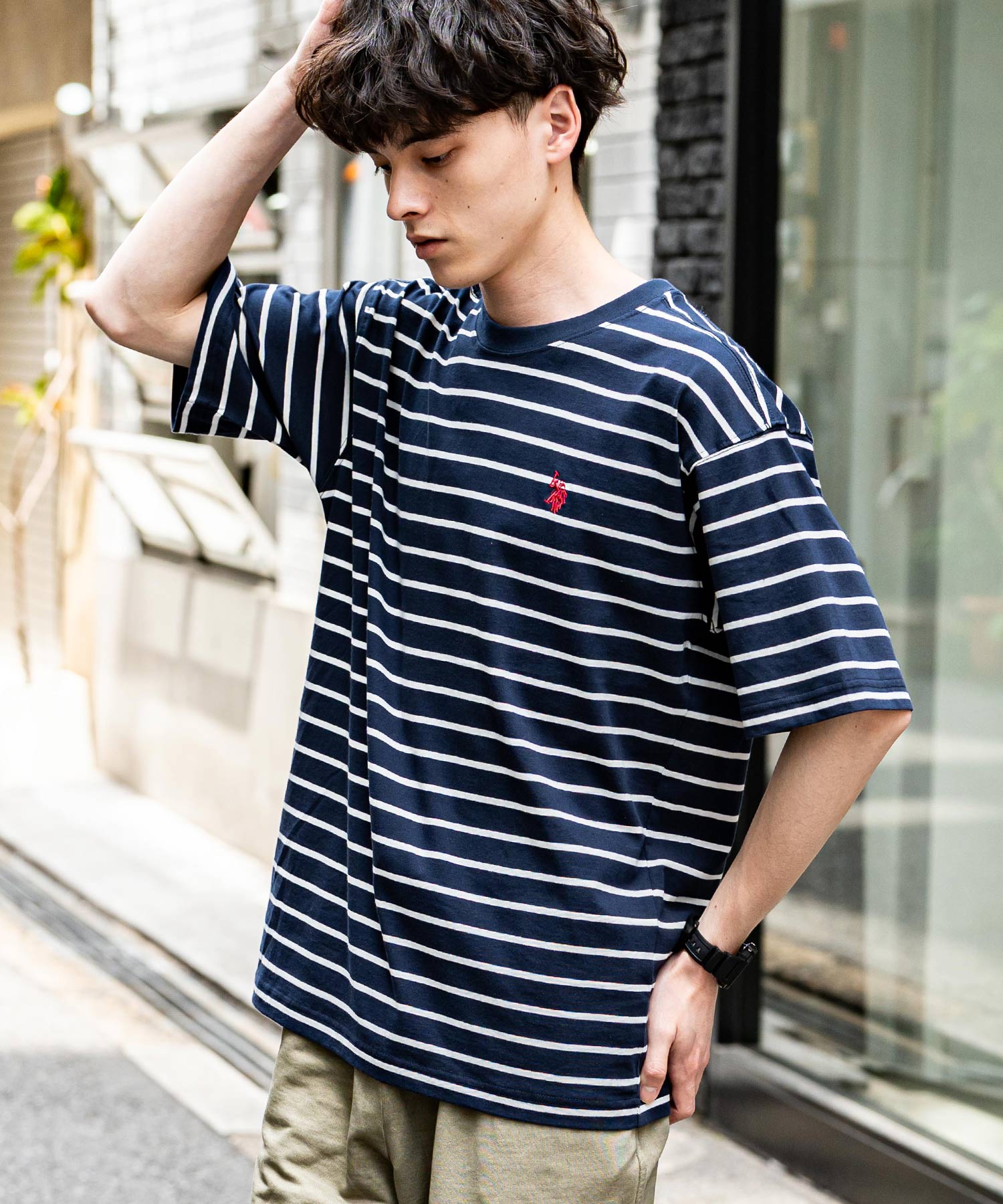 ボーダー オーバーサイズクルーショートスリーブTシャツ