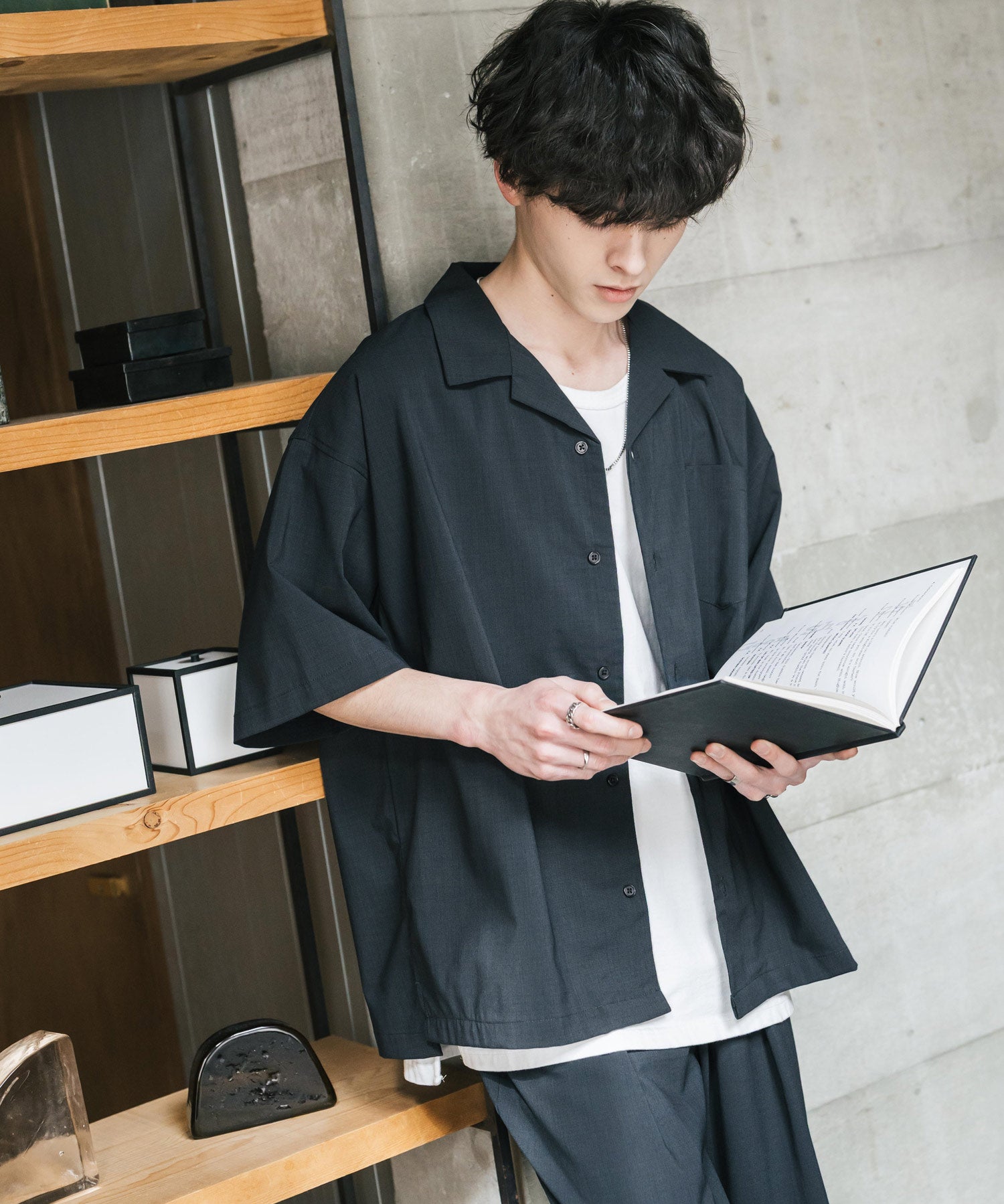 セットアップ 接触冷感オーバーサイズ開襟半袖シャツ セミワイドイージーパンツ