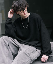 オーバーサイズウール混メランジプルオーバーニット/天竺編みクルーネック長袖セーター 14714