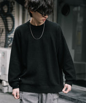 オーバーサイズウール混メランジプルオーバーニット/天竺編みクルーネック長袖セーター 14714