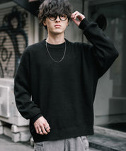 オーバーサイズウール混メランジプルオーバーニット/天竺編みクルーネック長袖セーター 14714