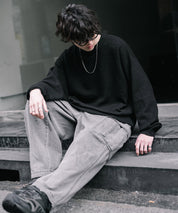 オーバーサイズウール混メランジプルオーバーニット/天竺編みクルーネック長袖セーター 14714