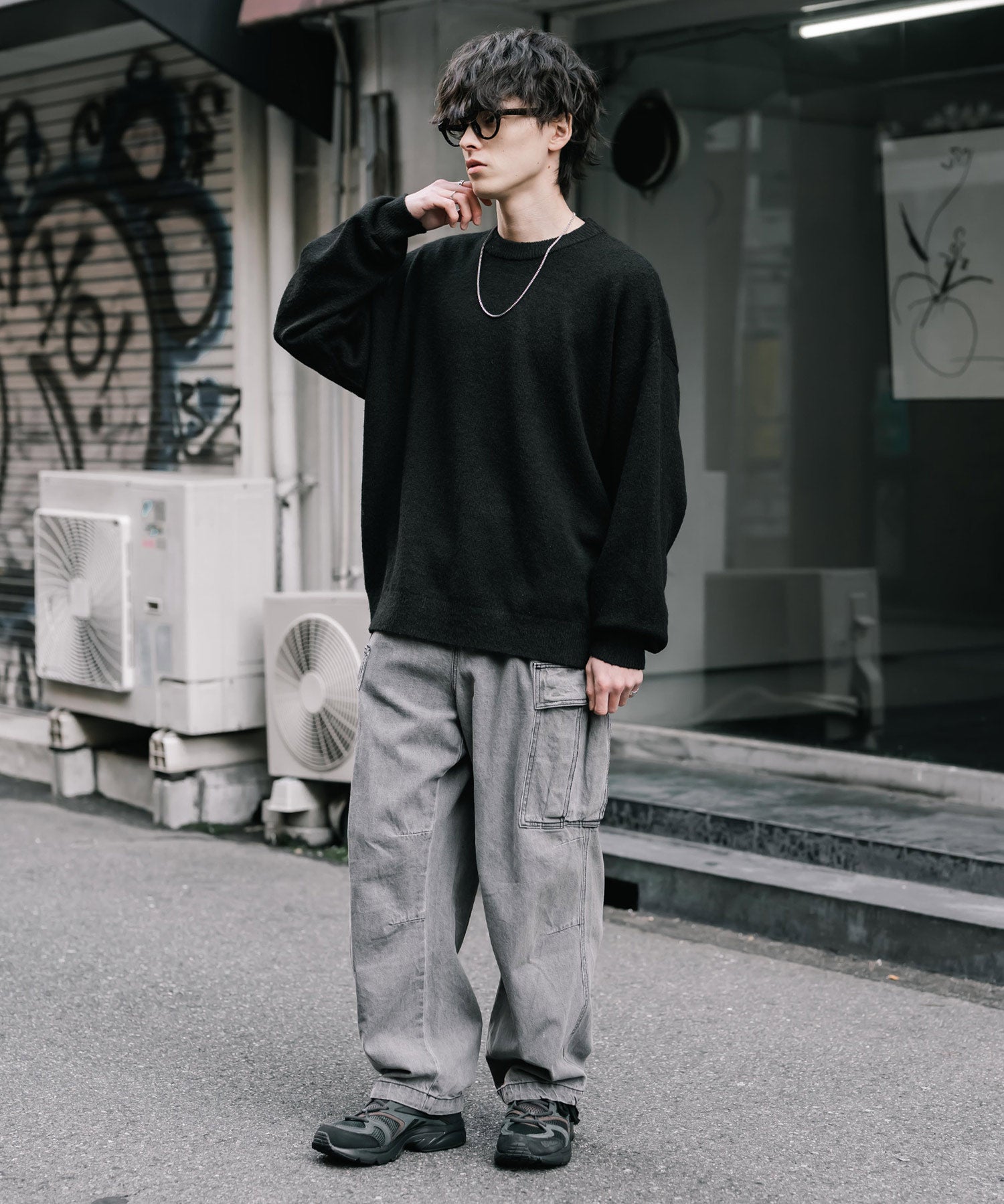 オーバーサイズウール混メランジプルオーバーニット/天竺編みクルーネック長袖セーター 14714