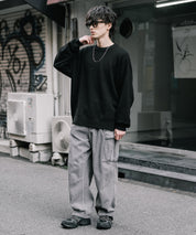 オーバーサイズウール混メランジプルオーバーニット/天竺編みクルーネック長袖セーター 14714