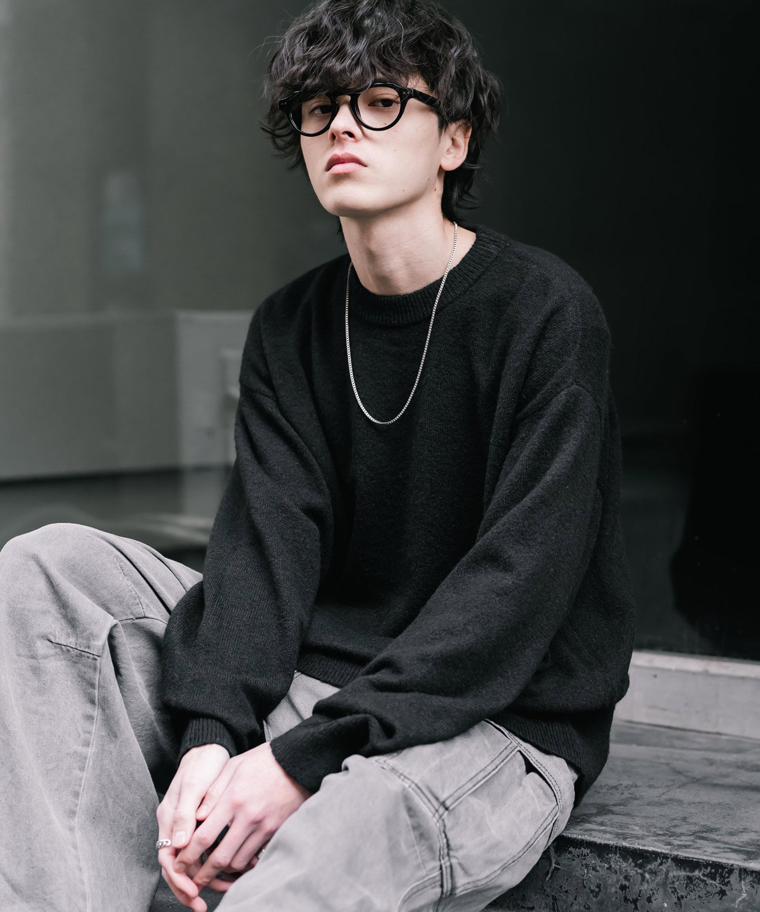 オーバーサイズウール混メランジプルオーバーニット/天竺編みクルーネック長袖セーター 14714