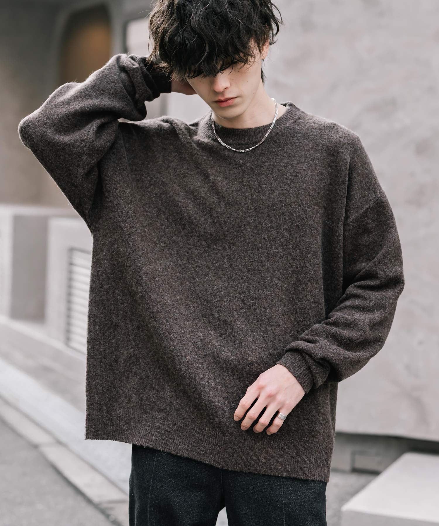 オーバーサイズウール混メランジプルオーバーニット/天竺編みクルーネック長袖セーター 14714