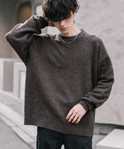 オーバーサイズウール混メランジプルオーバーニット/天竺編みクルーネック長袖セーター 14714