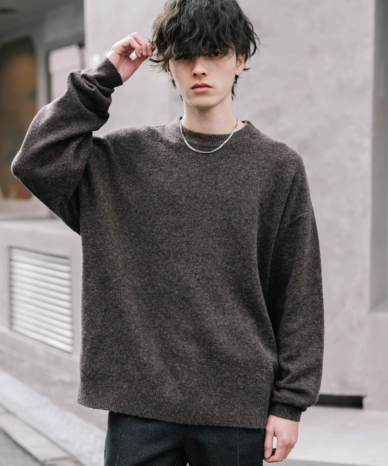 オーバーサイズウール混メランジプルオーバーニット/天竺編みクルーネック長袖セーター 14714