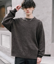 オーバーサイズウール混メランジプルオーバーニット/天竺編みクルーネック長袖セーター 14714