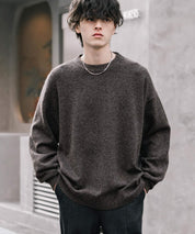 オーバーサイズウール混メランジプルオーバーニット/天竺編みクルーネック長袖セーター 14714