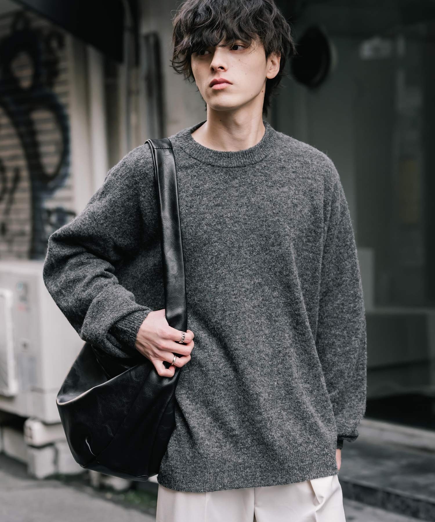 オーバーサイズウール混メランジプルオーバーニット/天竺編みクルーネック長袖セーター 14714