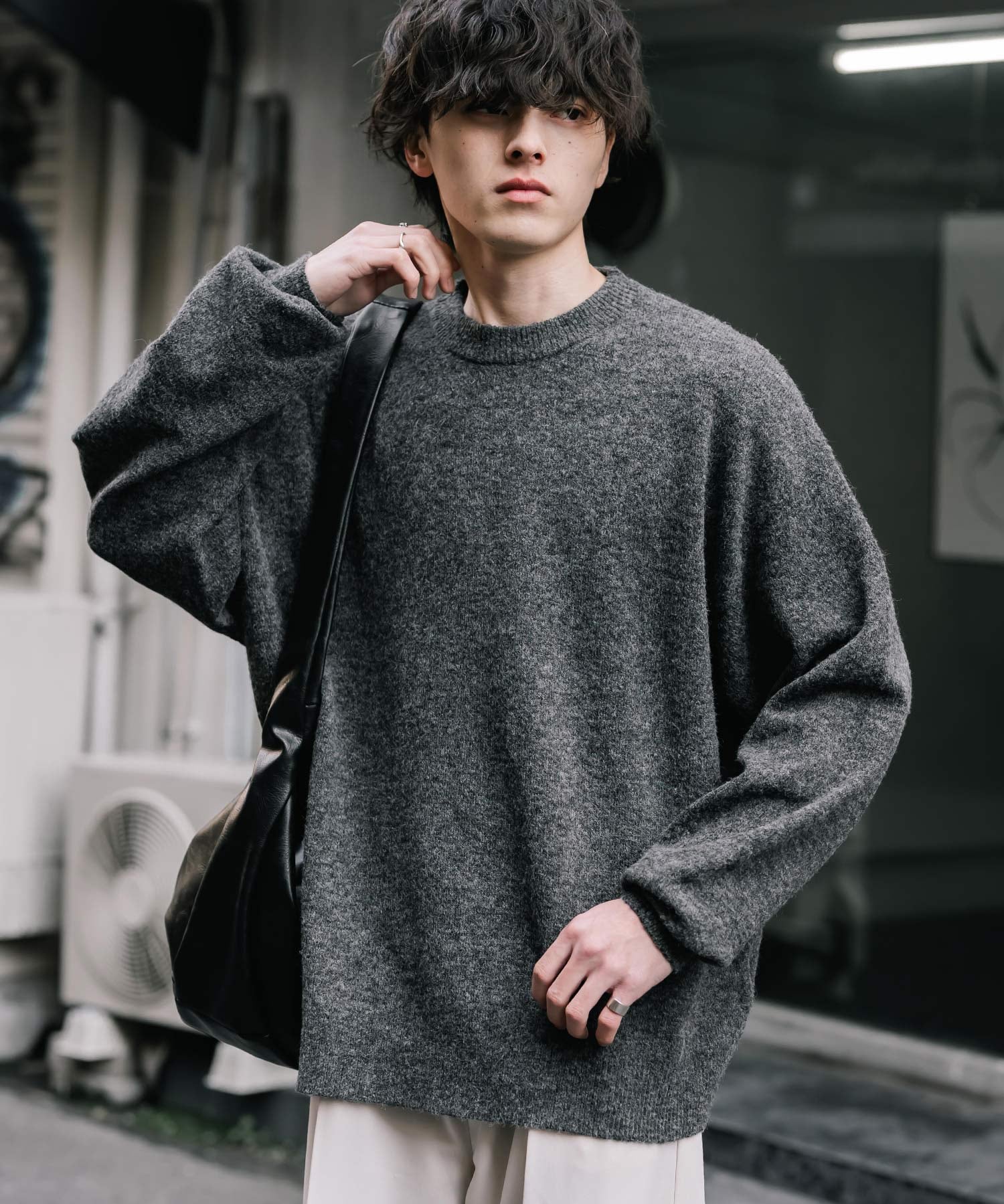 オーバーサイズウール混メランジプルオーバーニット/天竺編みクルーネック長袖セーター 14714